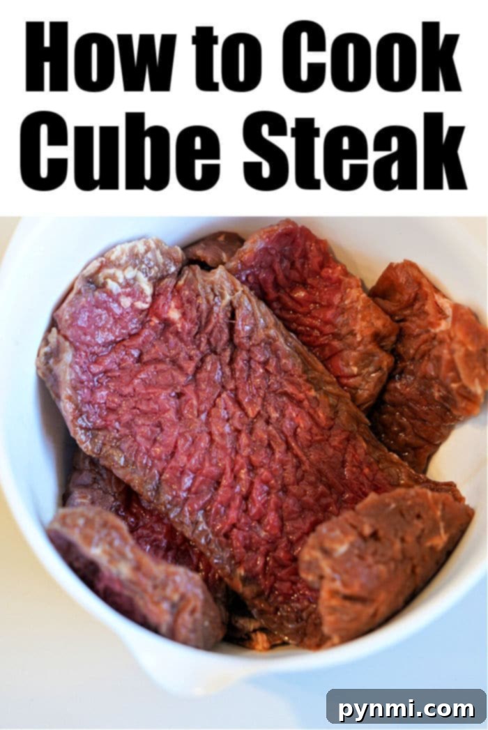 Crispy Golden Air Fryer Cube Steaks 5 Raw cube steak pieces in a white bowl, titled 'How to Cook Air Fryer Cube Steak', anticipating its flavor transformation.