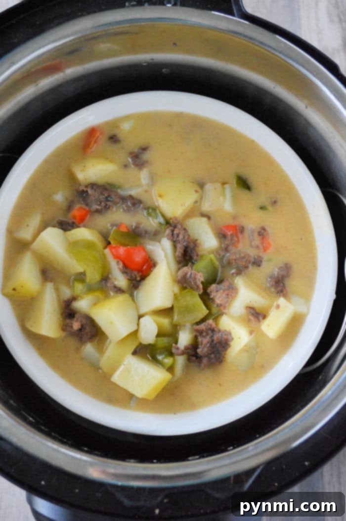 Hearty Instant Pot Ground Beef and Potatoes 6 Instant Pot Ground Beef and Potatoes, ready to be served with fresh toppings.