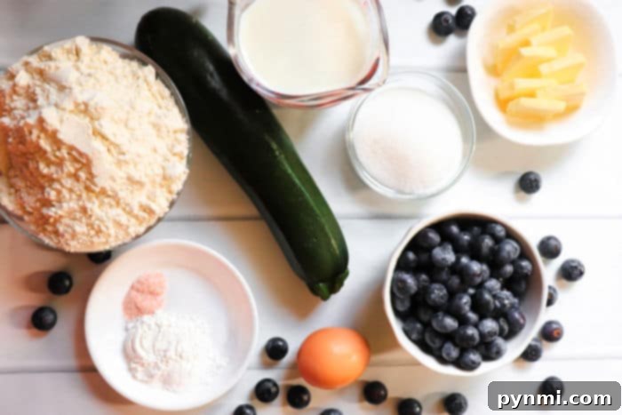 Zucchini Blueberry Muffins ingredients neatly arranged on a counter before mixing.