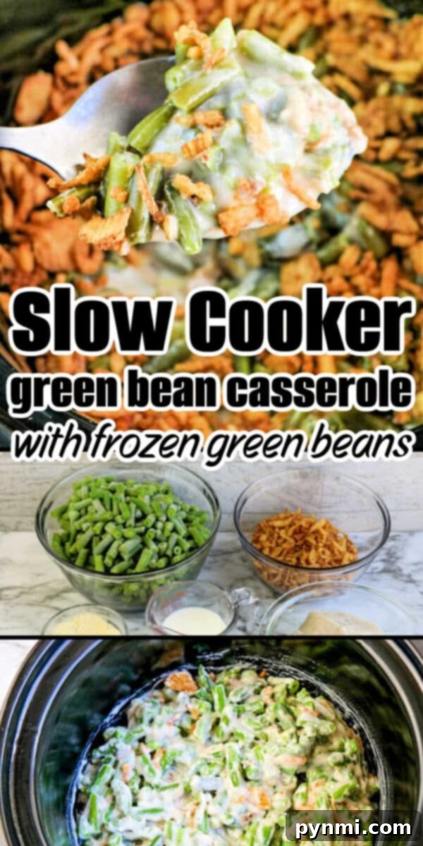 Spoonful of slow cooker green bean casserole above the dish, with prep ingredients and casserole in a slow cooker below.