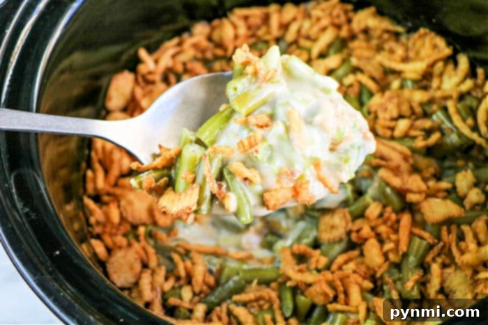 Green Bean Casserole in a Crock-Pot, ready to be served.