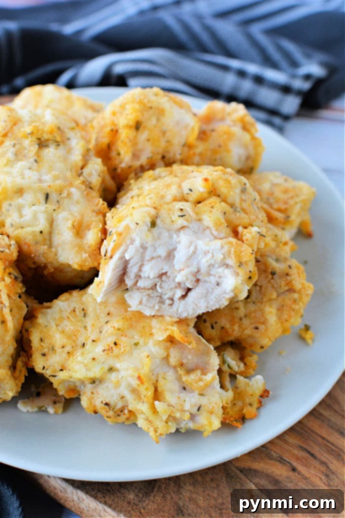 A plate of freshly cooked, golden-brown air fryer fried chicken breast revealing the juicy, tender interior. A cloth napkin adorns the background.