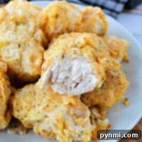 Plate of golden, crispy air fryer chicken nuggets with one piece showing juicy white meat inside.