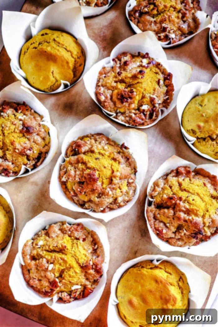 Mini pumpkin banana muffins with crumbly toppings sit in individual paper cups on a baking tray.