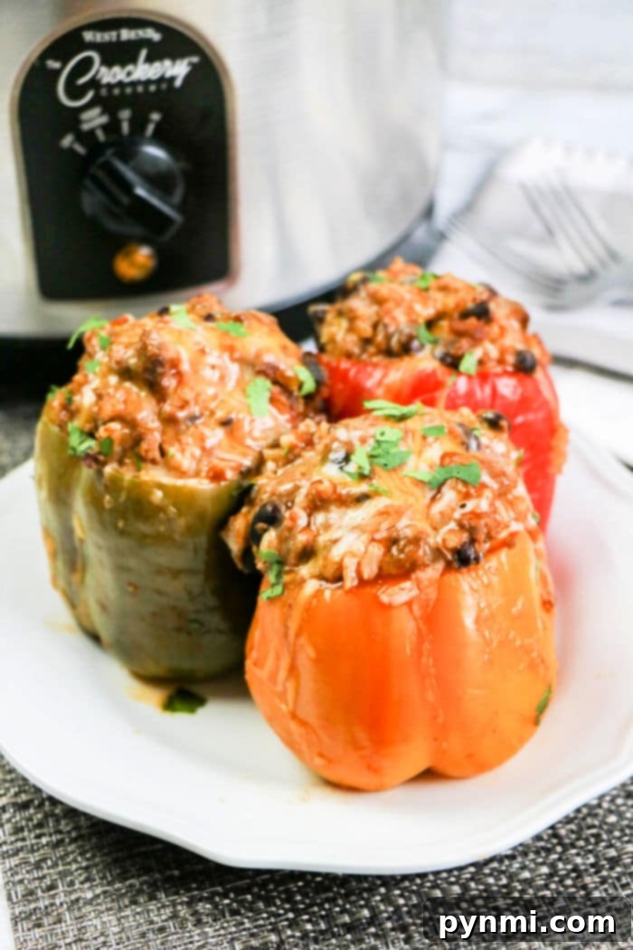 Effortless Slow Cooker Stuffed Bell Peppers 8 Slow Cooker Stuffed Peppers with melted cheese on top, ready to be served from the crockpot.