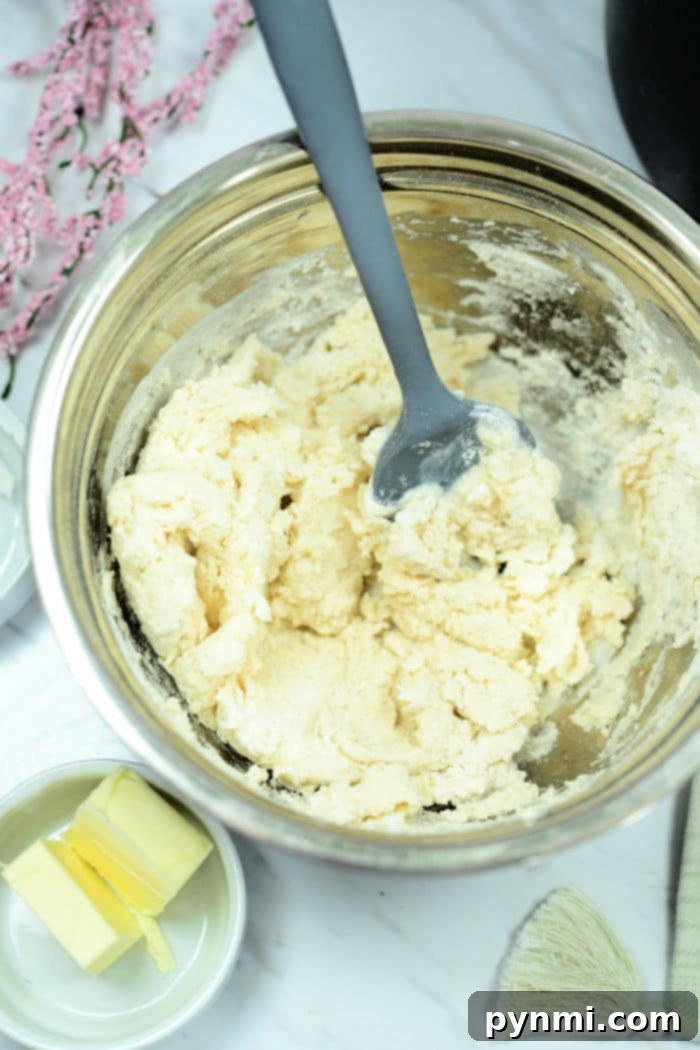 A metal mixing bowl contains a dough mixture with a grey spatula resting inside, perfect for crafting air fryer biscuits. Nearby, a small dish holds two pieces of butter. A few pink flowers are partially visible in the background on a white surface.