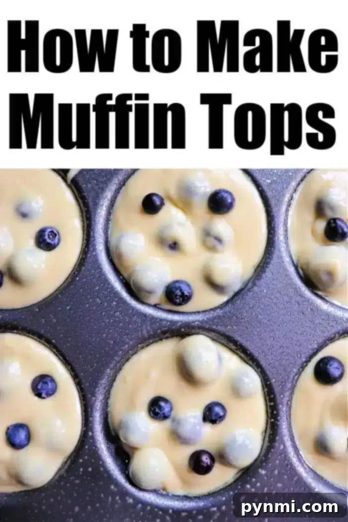 Blueberry Muffin Top Mastery 6 Overhead view of muffin batter with blueberries in a baking tray, paired with the text "How to Make Blueberry Muffin Tops.