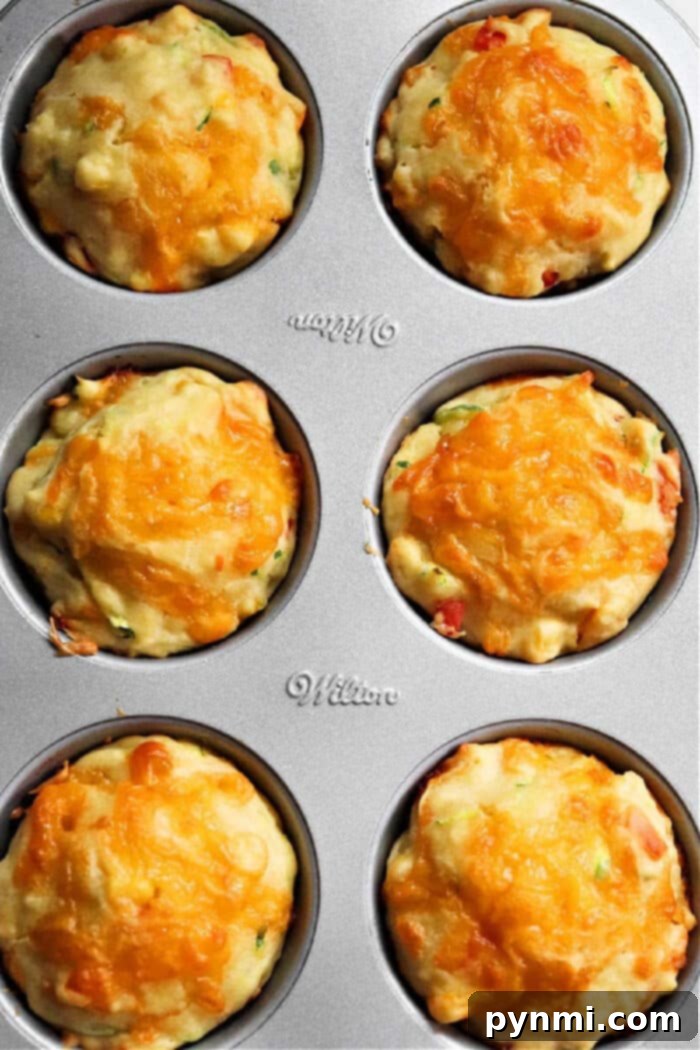 Cheesy Herb Zucchini Muffins 2 A close-up view of a muffin tin containing six golden-brown savory veggie muffins. The muffins are topped with melted, bubbly cheddar cheese, and their interiors reveal colorful bits of diced vegetables like green zucchini and red bell pepper. The metallic muffin tin is prominently labeled 'Wilton', suggesting quality bakeware.