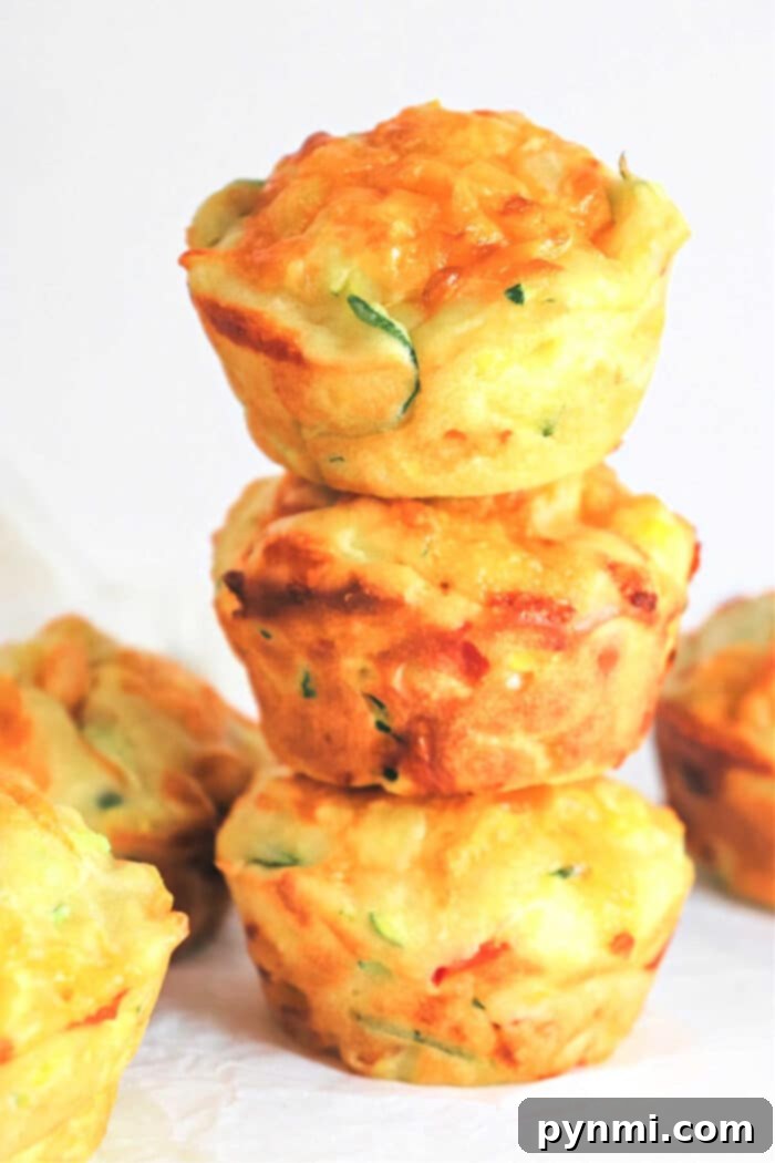Cheesy Herb Zucchini Muffins 11 Three savory veggie muffins are stacked on top of each other against a plain white background. The muffins have a golden-brown top and are studded with green and orange vegetable bits. More muffins are partially visible at the sides, suggesting a larger batch has been baked.