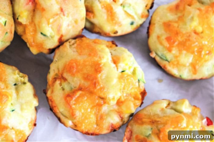 Cheesy Herb Zucchini Muffins 9 Three savory cheese veggie muffins, stacked on a white plate. Each muffin is golden-brown and clearly shows melted cheddar cheese on top, with flecks of green and orange vegetables throughout the muffin interior. The background is simple, emphasizing the appealing texture and ingredients of the muffins.
