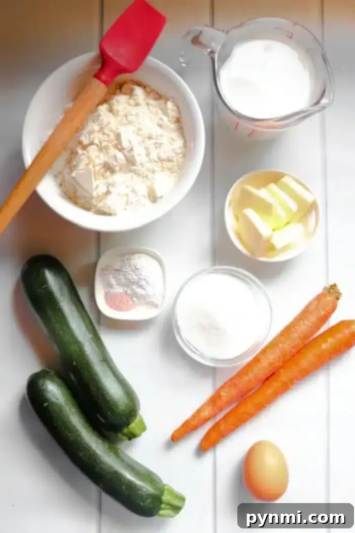 Wholesome Zucchini Carrot Muffins 3 A flat lay of ingredients for baking zucchini carrot muffins. Includes a bowl of flour, a red spatula, a measuring cup of milk, butter, two zucchinis, two carrots, a small bowl of salt and baking powder, a bowl of sugar, and one egg on a white table.