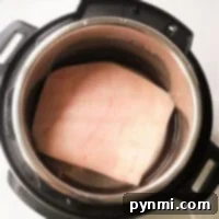 Quick & Tender Instant Pot Pork Belly 5 A square piece of pork belly in an Instant Pot, submerged in water.