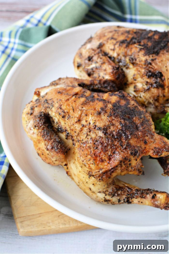 Crispy Air Fryer Cornish Hen 7 Two seasoned roasted cornish chickens on a white plate rest elegantly, framed by a blue and green checkered cloth. As you savor their aroma, you might wonder how long to cook Cornish hen in an air fryer for that perfect roast.