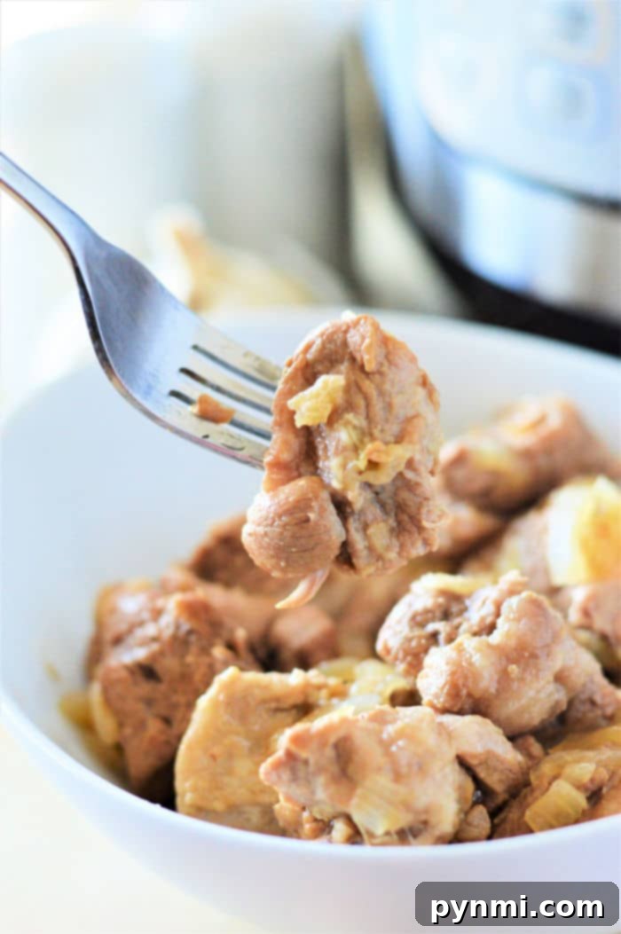 A fork holds a piece of tender pork adobo above a bowl filled with chunks of meat and onions, freshly made in an Instant Pot.