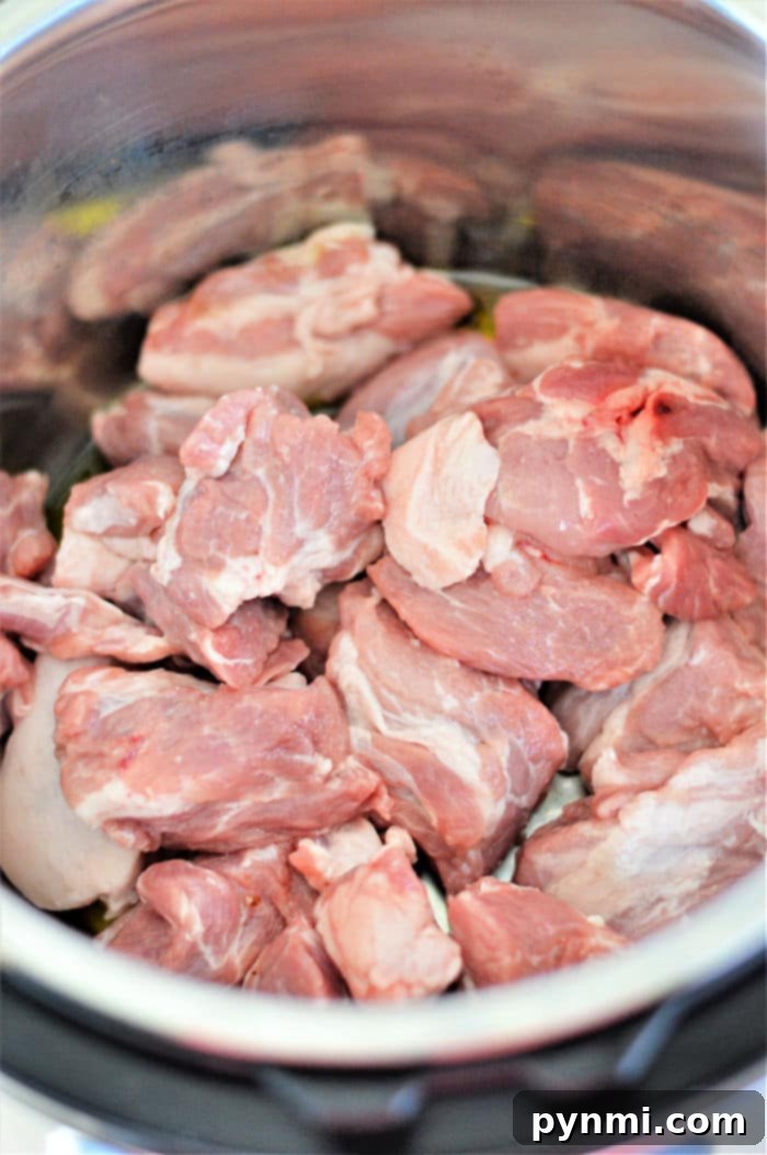 Raw chunks of pork meat piled inside a metal pot, ready to be transformed into savory pork adobo in the Instant Pot.