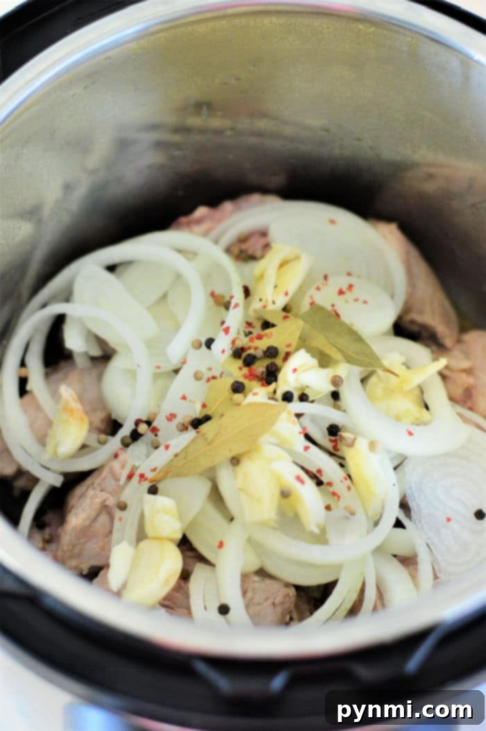 Sliced onions, garlic, bay leaves, and peppercorns on top of meat in this easy pork adobo Instant Pot recipe.