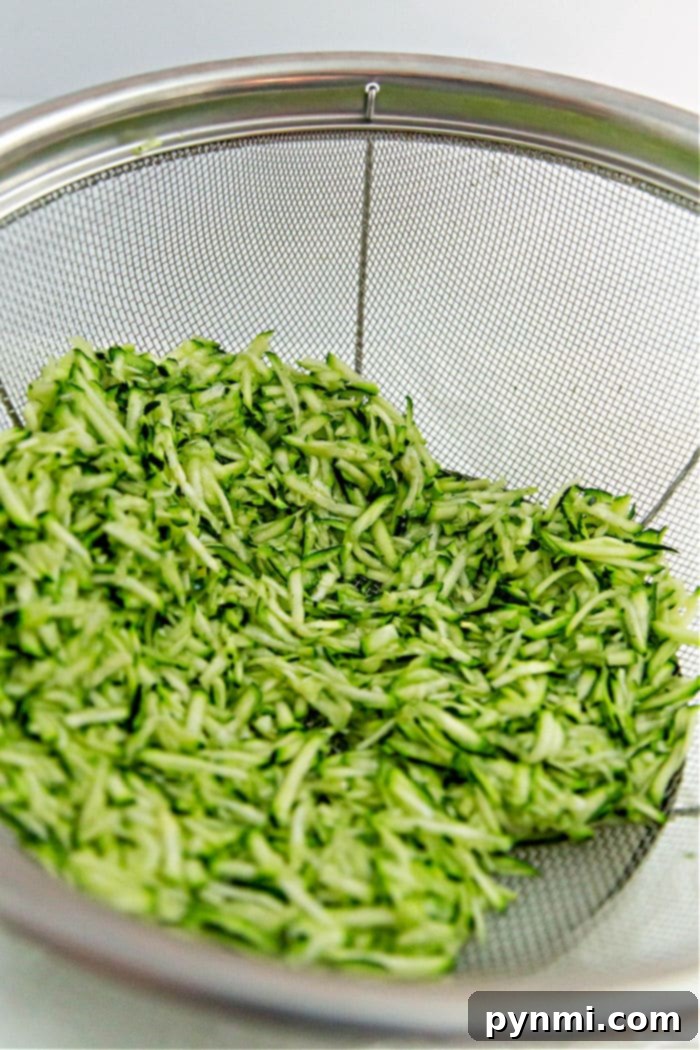 Ultra-Moist Zucchini Brownies 4 Shredded zucchini in a metal mesh strainer, angled thoughtfully. The green pieces are evenly distributed with visible moisture, ready to be transformed into crispy air fryer zucchini fritters. The blurred background enhances the focus on the vibrant veggies.