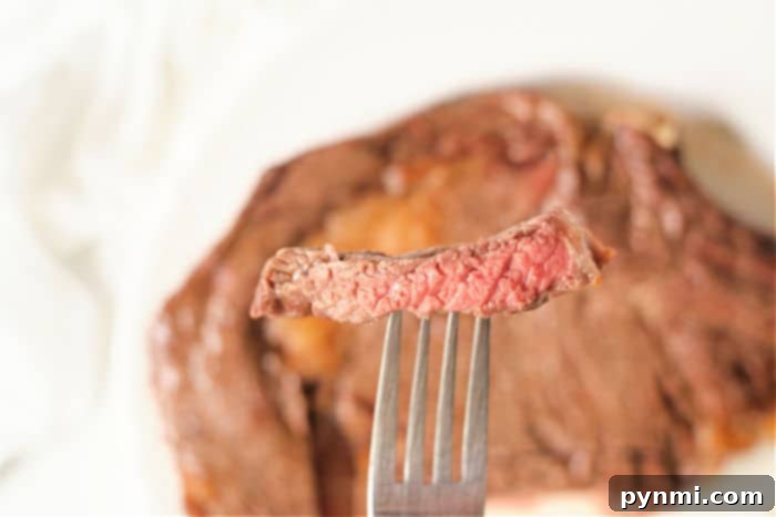 Three slices of air fryer ribeye steak, showing a range of doneness from medium-rare to medium, plated neatly.