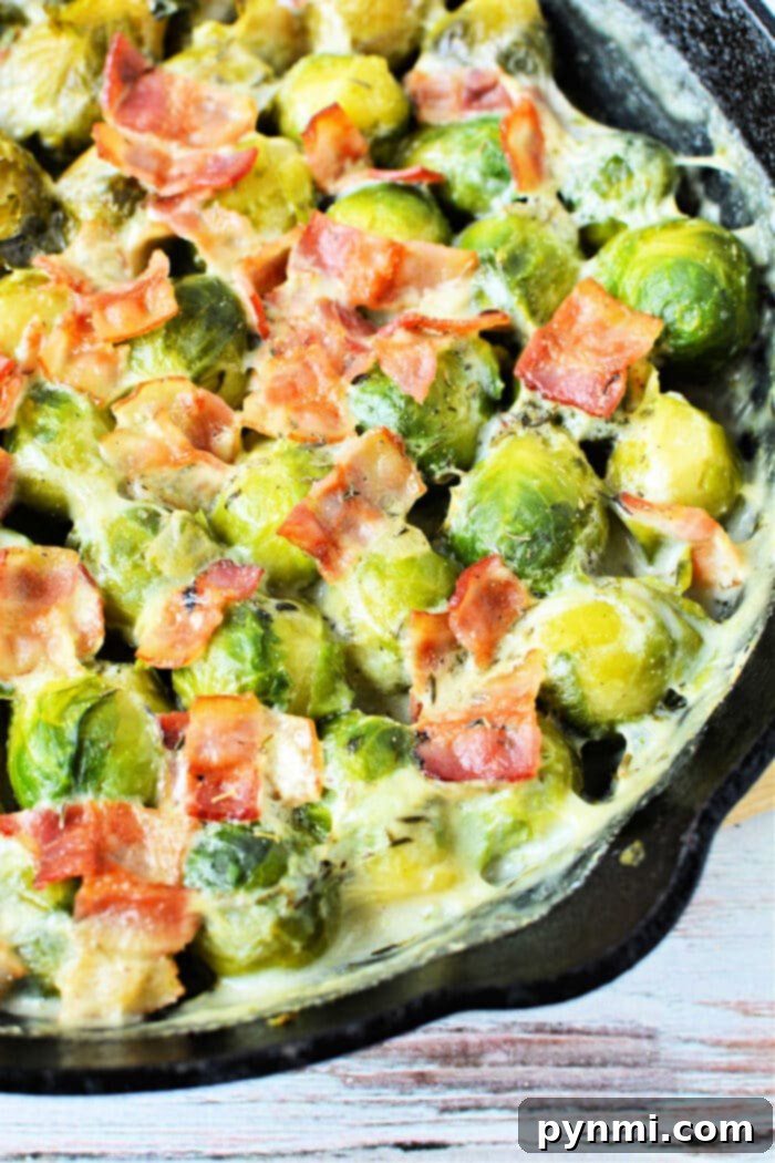 Perfect Pan-Seared Brussels Sprouts 2 Creamy Brussels sprouts with cream and crispy bacon sizzle in a cast iron skillet.