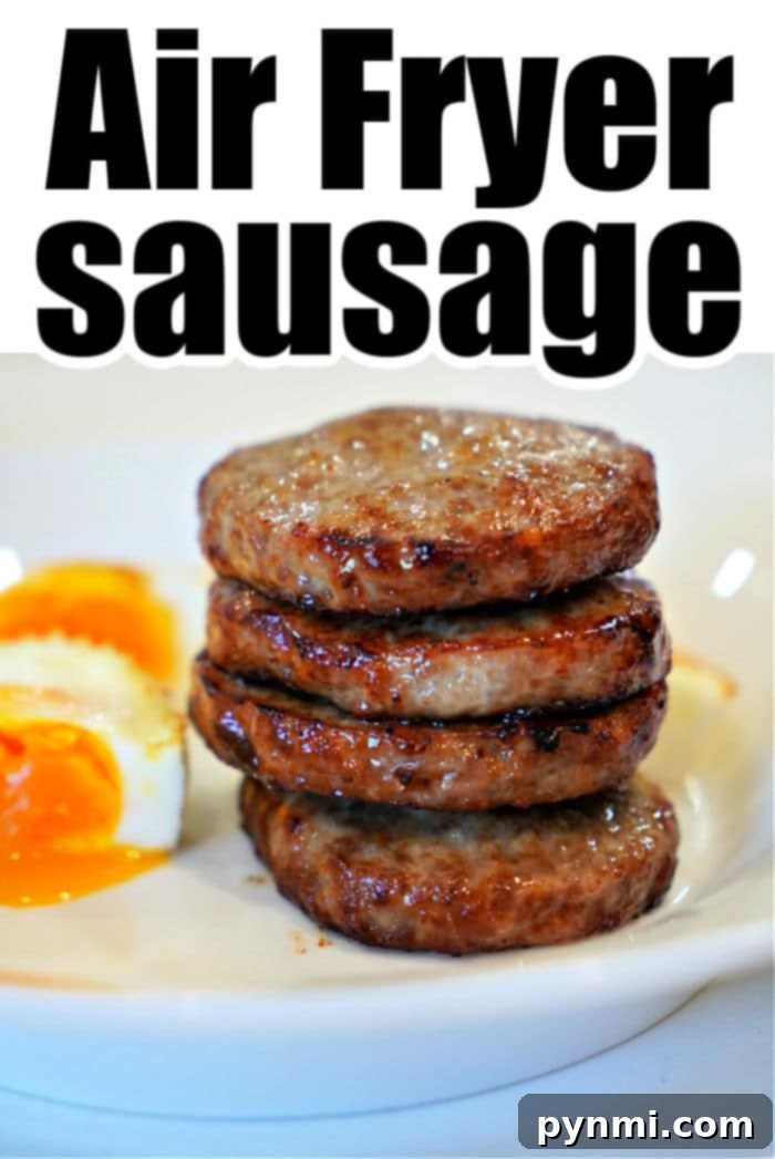 Air Fryer Sausage Perfection 4 Sausage patties cooking to a golden brown in an air fryer basket.