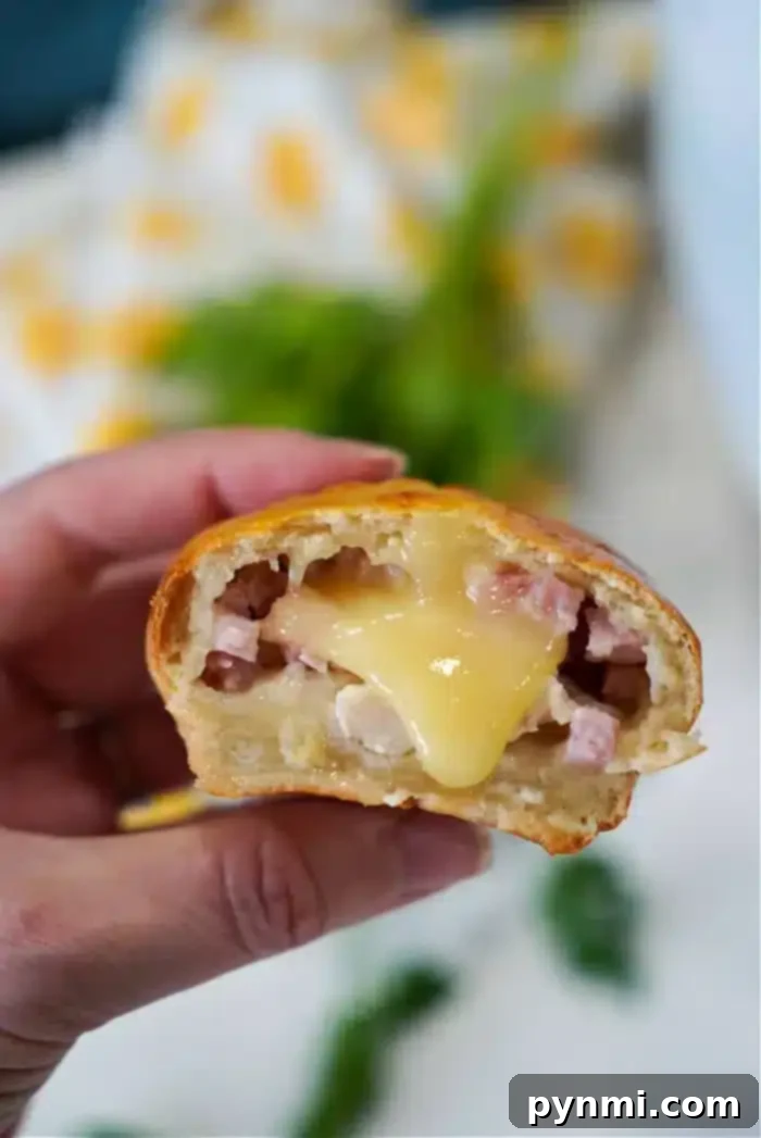A hand holds a baguette piece filled with melted cheese and small diced ham, reminiscent of the flavors in an air fryer chicken cordon bleu. A green herb is blurred in the background.