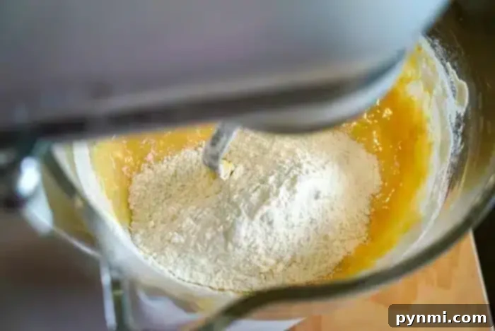A close-up view of a stand mixer with a dough hook attachment, mixing flour and yellow batter in a metal bowl. Some dry flour is still visible on top, hinting at the transformation into delicious blueberry muffin tops.