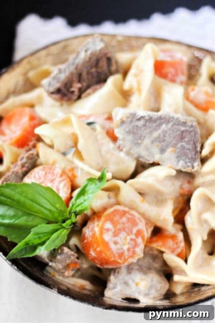 Slow Cooker Creamy Beef Stroganoff 2 A large bowl of creamy Crockpot Beef Stroganoff, topped with fresh parsley, served over egg noodles.