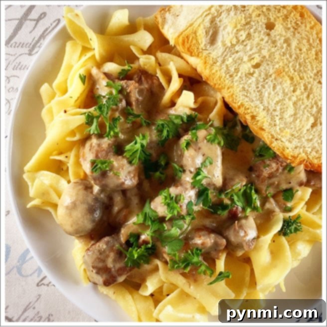 Slow Cooker Creamy Beef Stroganoff 3 A rustic bowl filled with homemade beef stroganoff recipe, garnished with fresh herbs.
