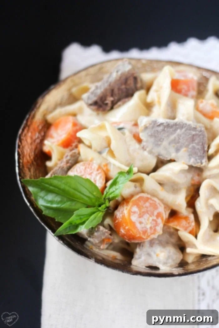 Crockpot Beef Stroganoff that only requires 5 ingredients and cooks all day in the crockpot. The best way to make tender beef with a creamy sauce. #crockpot #slowcooker #beefstroganoff #beef #stew A beautifully presented bowl of creamy beef stroganoff served with wide egg noodles.