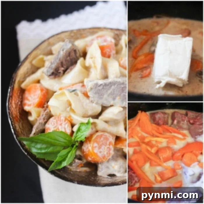 Crockpot beef stroganoff that only requires 5 ingredients and cooks all day in the crockpot. The best way to make tender beef with a creamy sauce. #crockpot #slowcooker #beefstroganoff #beef #stew A comforting bowl of crockpot beef stroganoff recipe with tender beef chunks and creamy sauce.