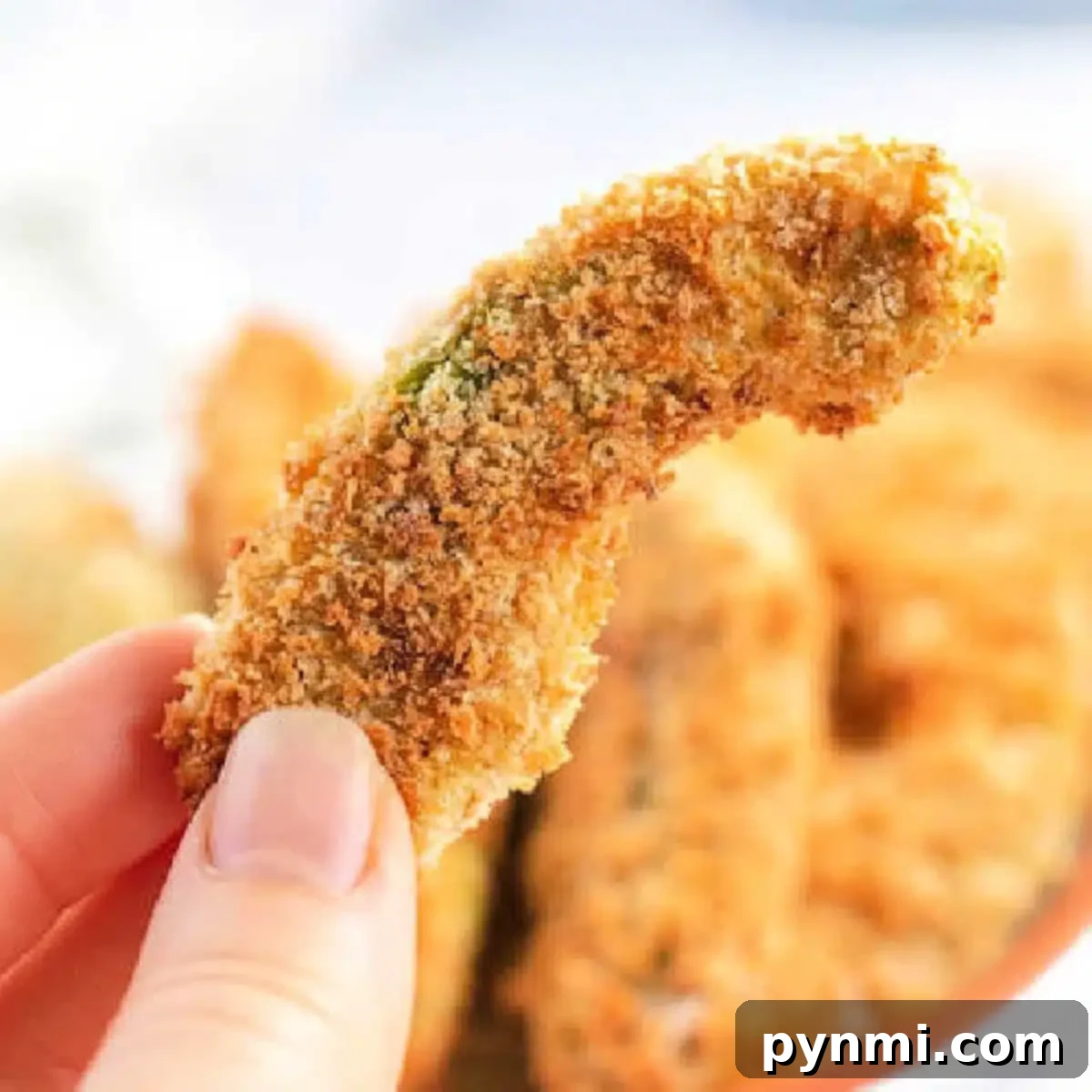 Close-up of a hand holding an air fryer avocado fry. The avocado is coated in a crispy, golden-brown crust, with more pieces in soft focus in the background.