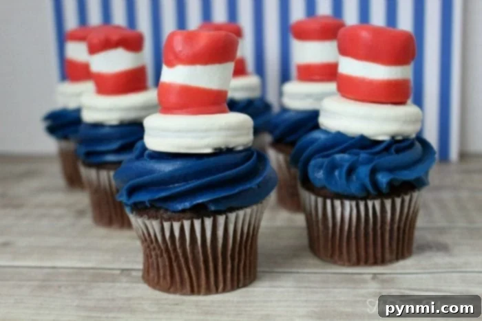 Seuss-tacular Birthday Bash Ideas 2 Step-by-step guide on how to make Dr. Seuss Cat in the Hat cupcakes, showing ingredients and assembly