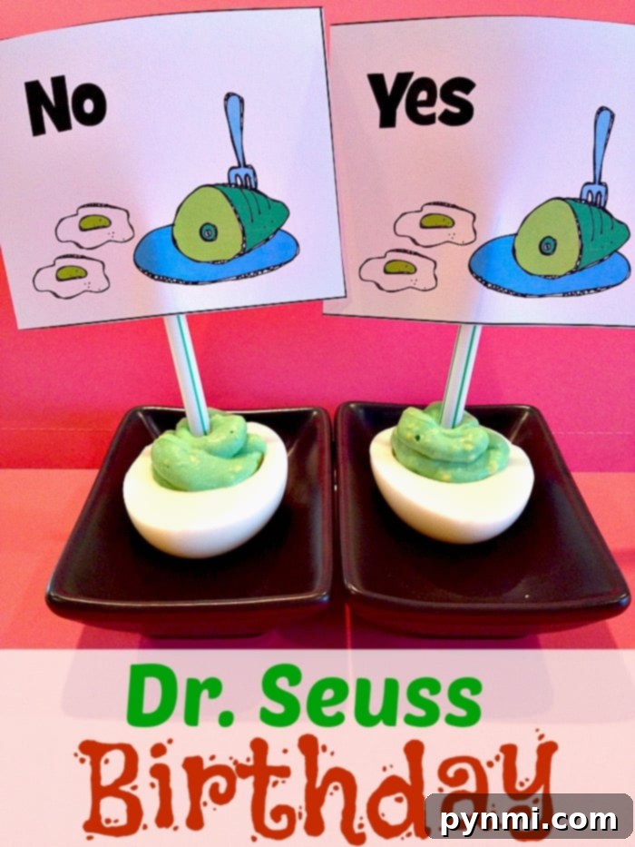 Celebrate a Doctor Seuss Birthday this year with this fun snack that is easy to do that includes a FREE printable to use too. Treats for classroom and home. #drseuss #drseussbirthday #cupcakes #birthdayparty Dr. Seuss themed deviled eggs with vibrant green filling, directly inspired by the book Green Eggs and Ham
