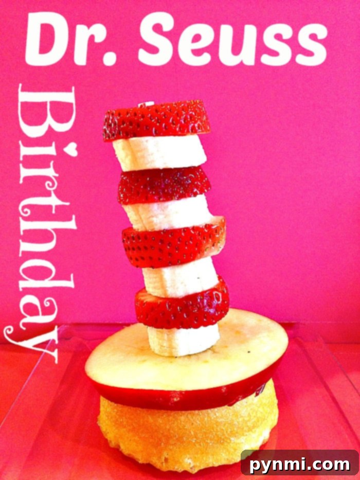 Celebrate a Doctor Seuss Birthday this year with this fun snack that is easy to do that includes a FREE printable to use too. Treats for classroom and home. #drseuss #drseussbirthday #cupcakes #birthdayparty Healthy and fun Dr. Seuss themed fruit and marshmallow snack idea on a skewer