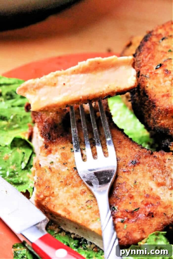 Close-up of a bone-in pork chop, showcasing its golden, crispy breading and tender texture.