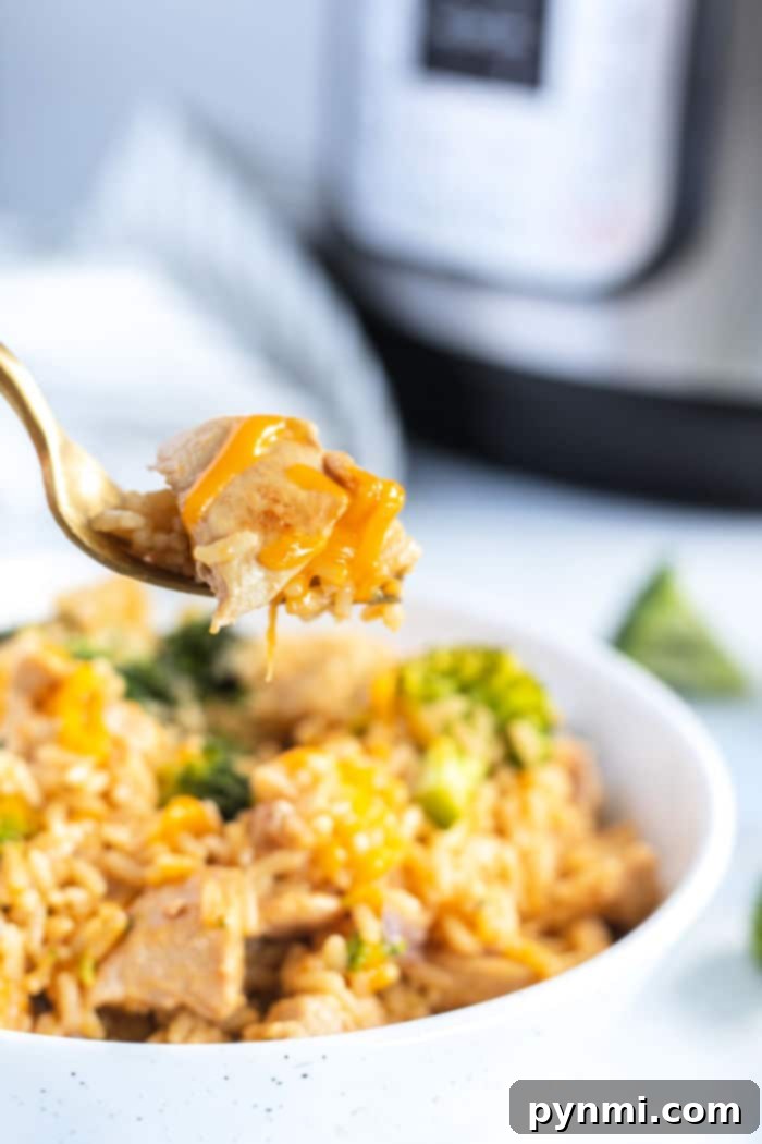 Creamy Cheesy Instant Pot Chicken and Rice 2 Instant Pot Cheesy Chicken and Rice, a creamy, golden dish with tender chicken pieces and fluffy rice, garnished with fresh parsley.