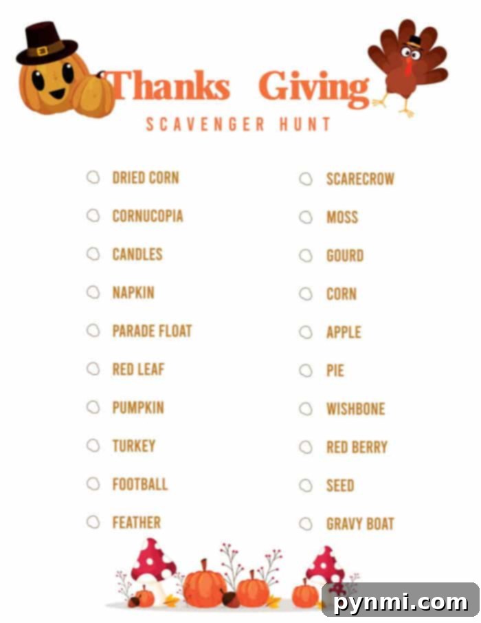 A vibrant Thanksgiving scavenger hunt checklist featuring charming illustrations of a pumpkin and turkey. The list includes items like dried corn, a cornucopia, and candles, all set against a festive backdrop of decorative pumpkins and leaves forming a bottom border.