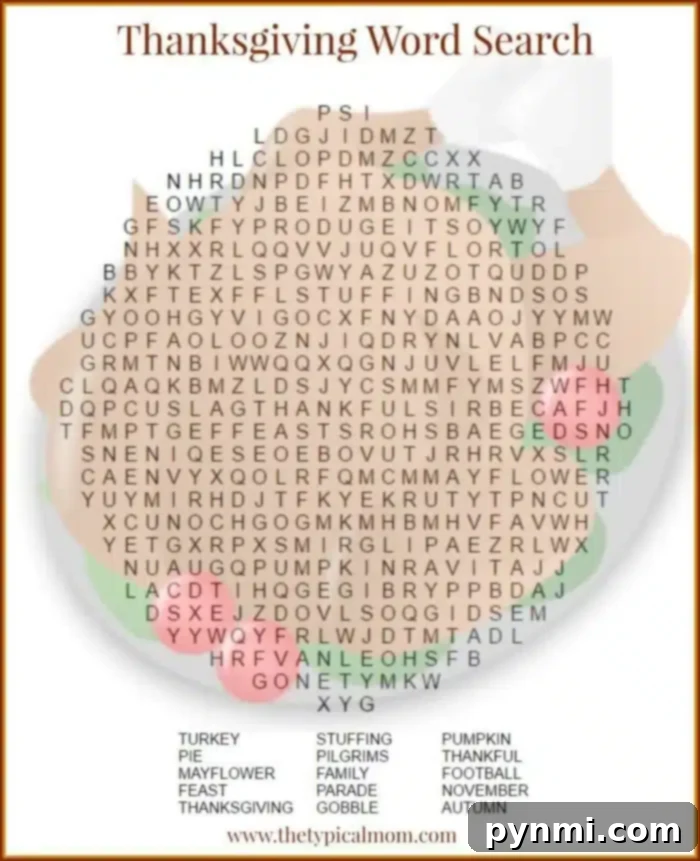 A festive Thanksgiving-themed word search puzzle featuring words like turkey, pie, stuffing, and thankful. The background beautifully captures a blurred image of a Thanksgiving dinner plate, adding a warm and inviting touch to this fun scavenger hunt for seasonal words.