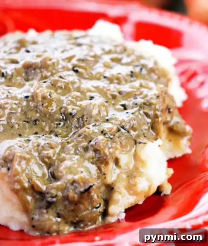A serving of mashed potatoes is topped with brown, slightly textured gravy on a red plate. The close-up view highlights the thick and creamy consistency of the onion gravy recipe.