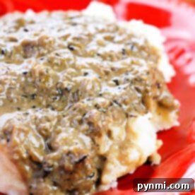 Mashed potatoes topped with creamy mushroom and onion gravy, inspired by a classic onion gravy recipe, served on a red plate.