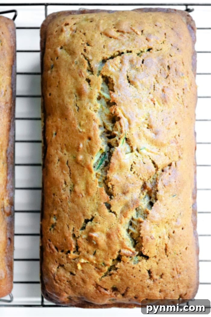 Golden brown Zucchini Gingerbread Loaf resting on a cooling rack, ready to be sliced.