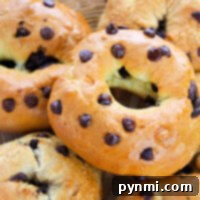 A basket of freshly baked chocolate chip bagels with a shiny glaze, made using the 2-ingredient recipe.