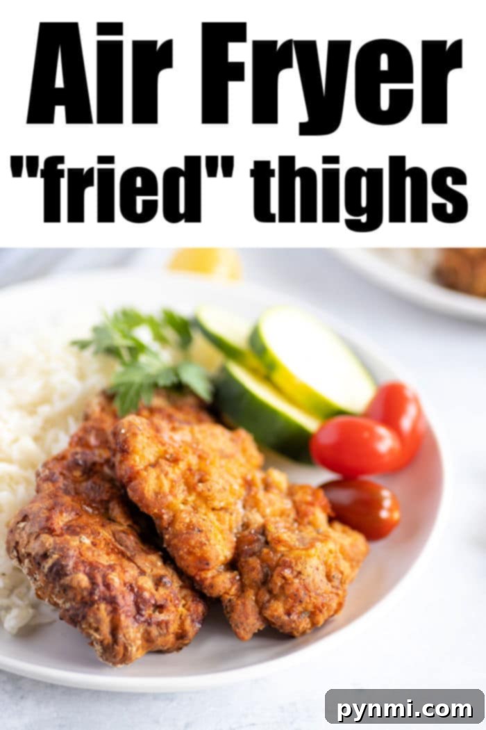 An appetizing overhead shot of several air fried chicken thighs, showcasing their beautifully browned and crispy exteriors, arranged on a serving platter.