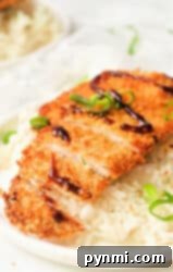 A plate with white rice topped with sliced, air fryer chicken katsu drizzled with dark sauce and garnished with sliced green onions.