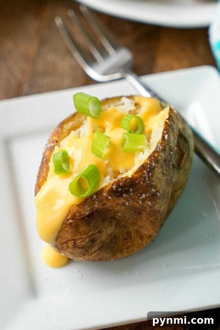Perfect Slow Cooker Baked Potatoes 2 Crockpot baked potatoes topped with cheese sauce and chopped green onions on a white plate with a fork.