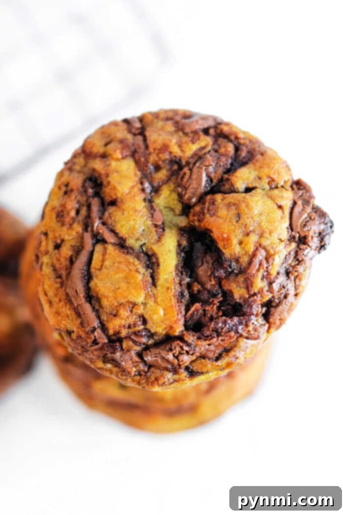 Nutella Swirl Banana Muffins 9 A beautifully arranged plate of easy Banana Nutella Muffins, showcasing their golden tops and tempting chocolate swirls, perfect for a delightful morning treat or snack.