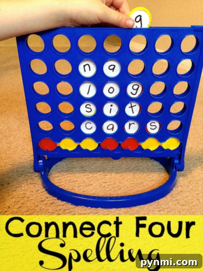 Transform old board games into exciting DIY spelling games for kids. Learn and have fun with repurposed learning activities! #spelling #game #kidslearning Two children playing a DIY Connect 4 spelling game, learning words with custom letter pieces.