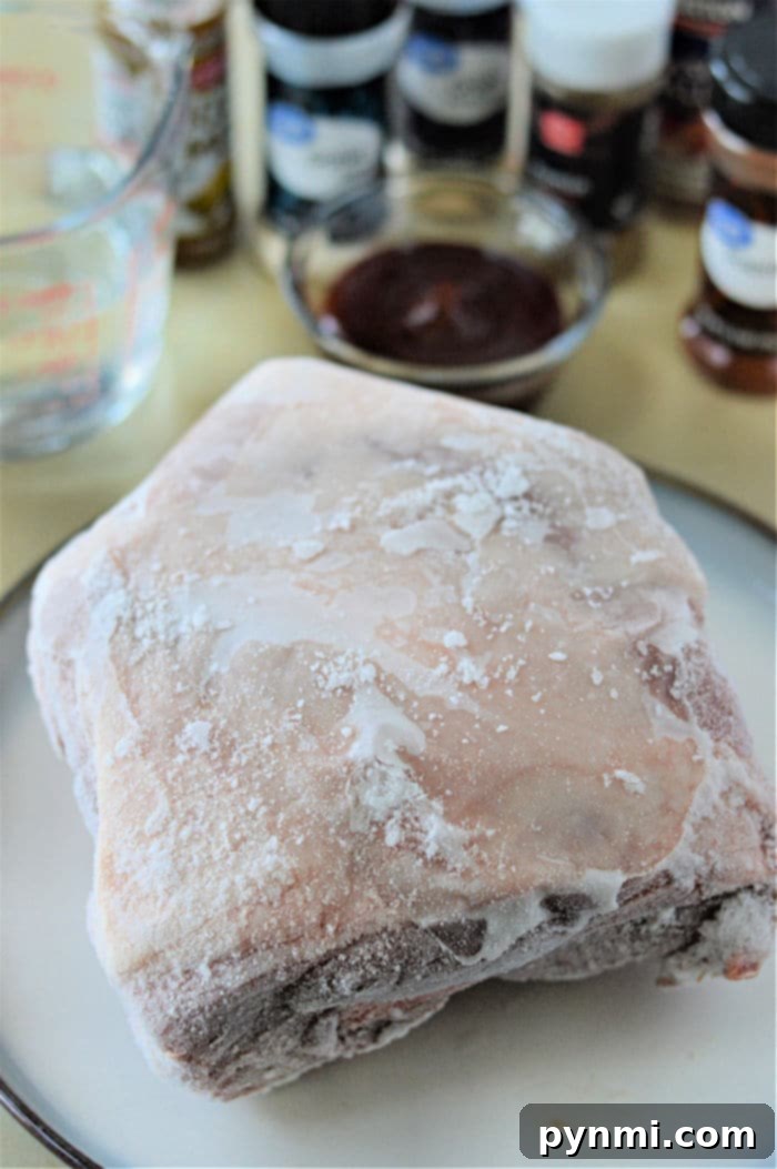 Frozen Pork Butt, seasoned and ready for the Instant Pot