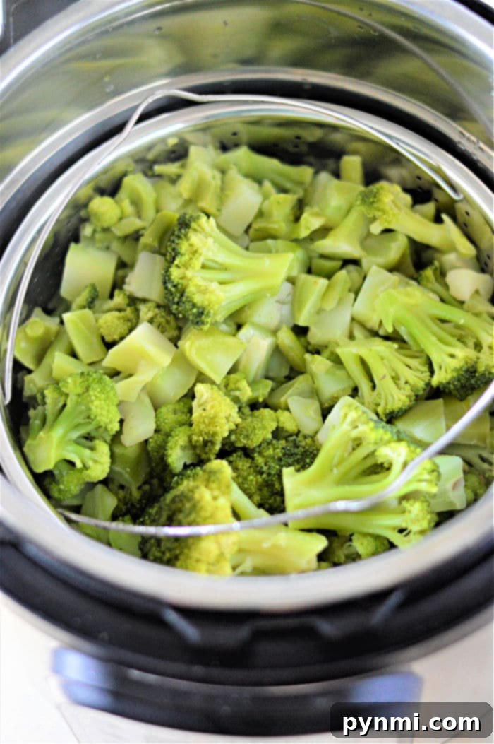 Steamed broccoli in an Instant Pot, a healthy and quick meal solution for busy families.