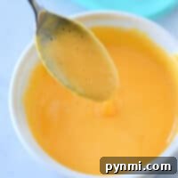 A spoon dipped in a bowl of creamy orange cheese sauce showcases the perfect velveeta blend.